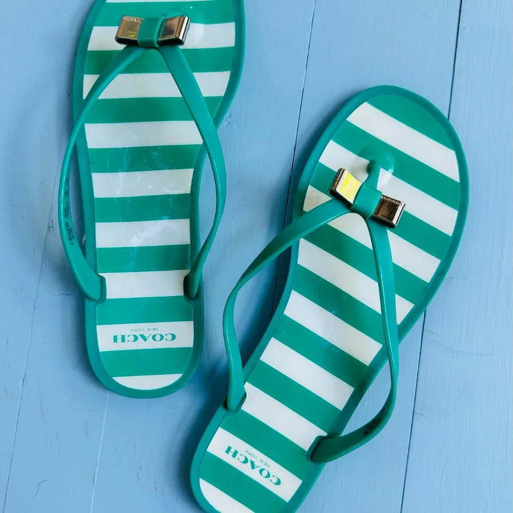 Coach Landon Green White Stripe Jelly Flip Flops Metal Bow Womens 10